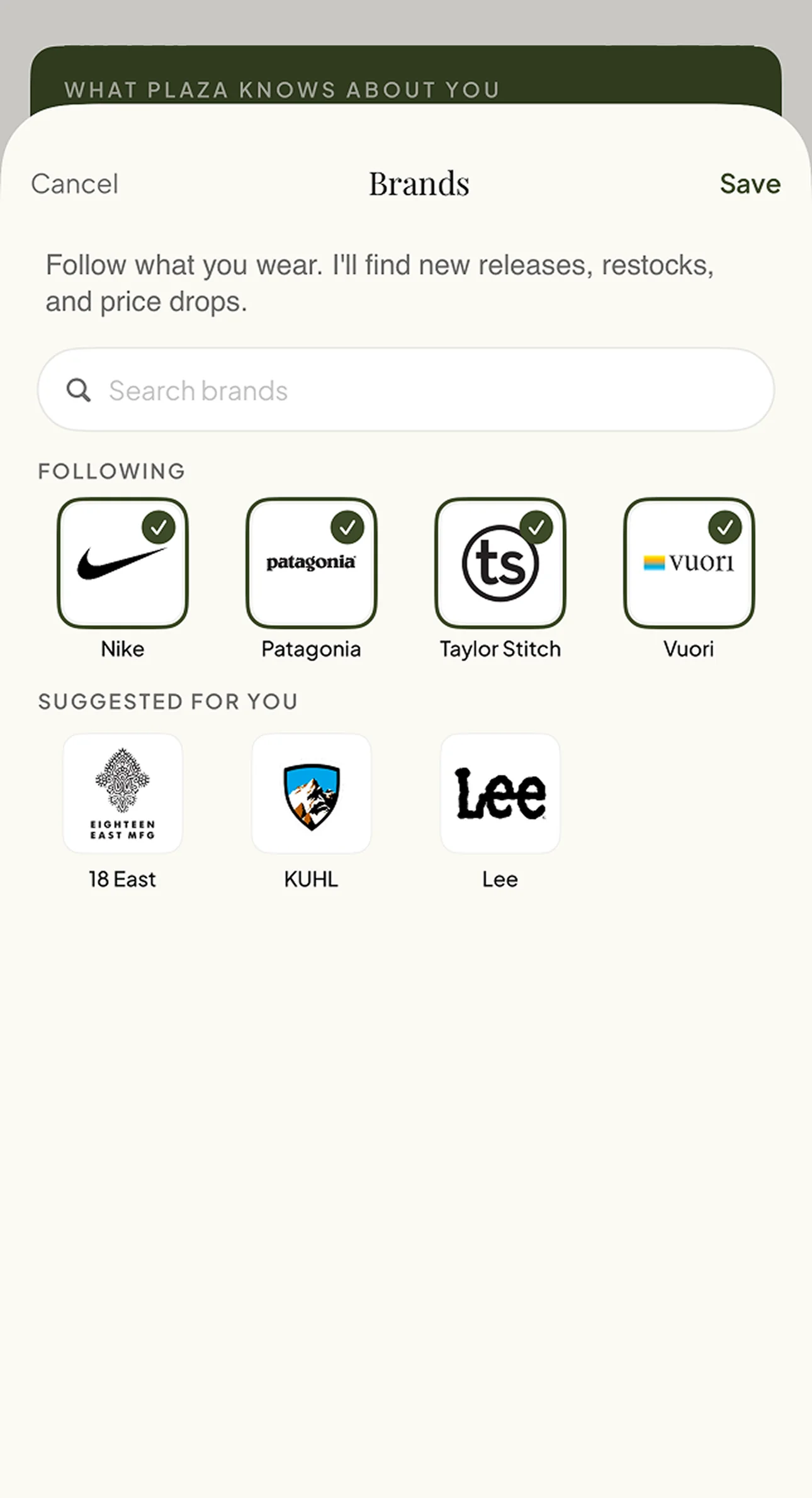 Plaza brand preferences screen showing followed and suggested brands.