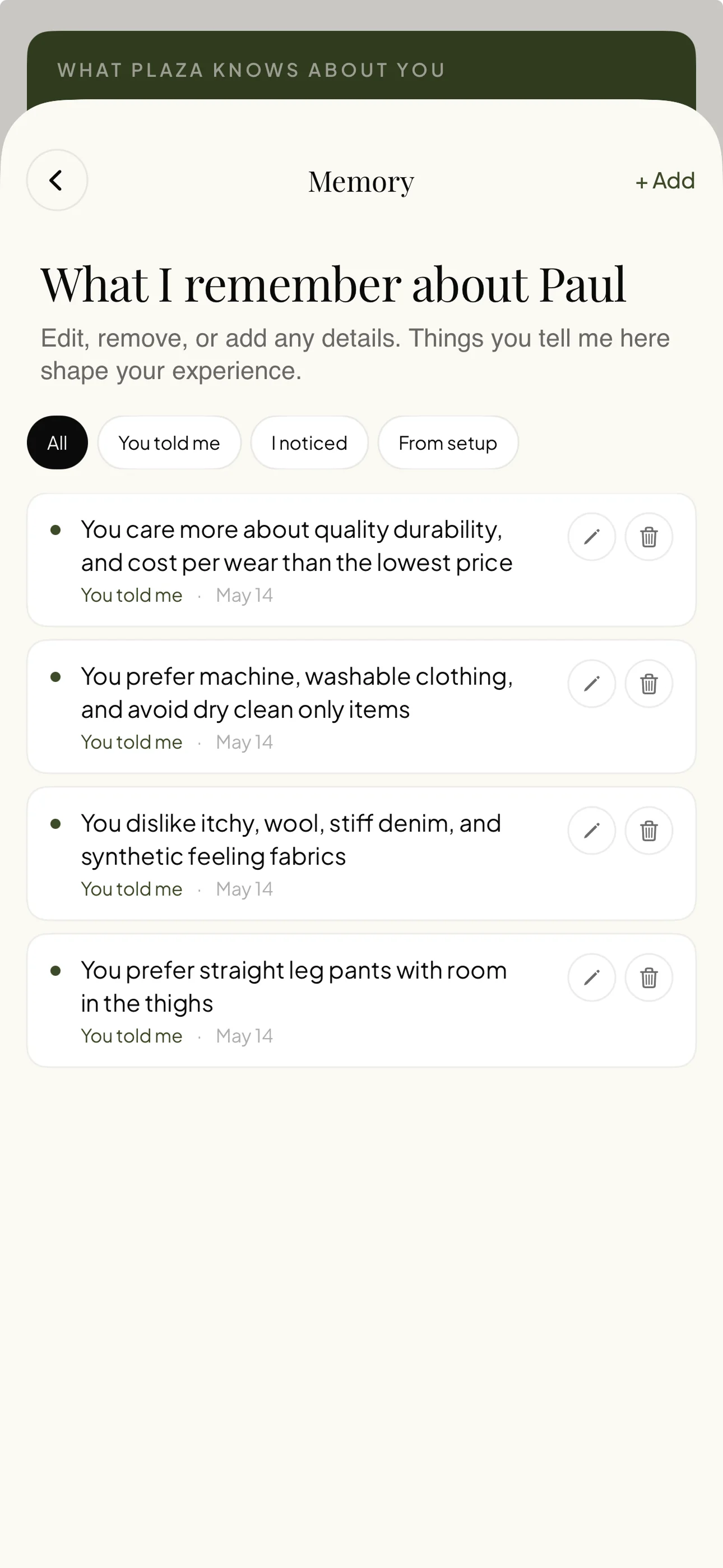 Plaza memory screen showing editable shopping preferences